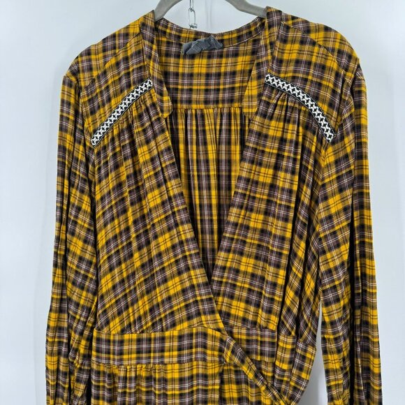 Anthropologie Dalton Wrap Dress Mustard Yellow Plaid Long Sleeve XL Womens Boho - Picture 10 of 15
